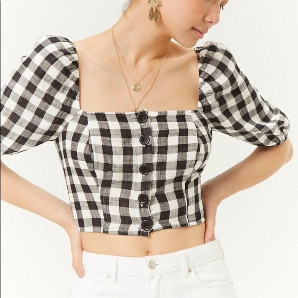 forever 21 gingham check plaid crop puff top